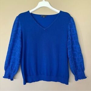 Adrianna Papell Cobalt Blue Top Blouse Women XL Sheer Balloon Sleeve Office Vnec